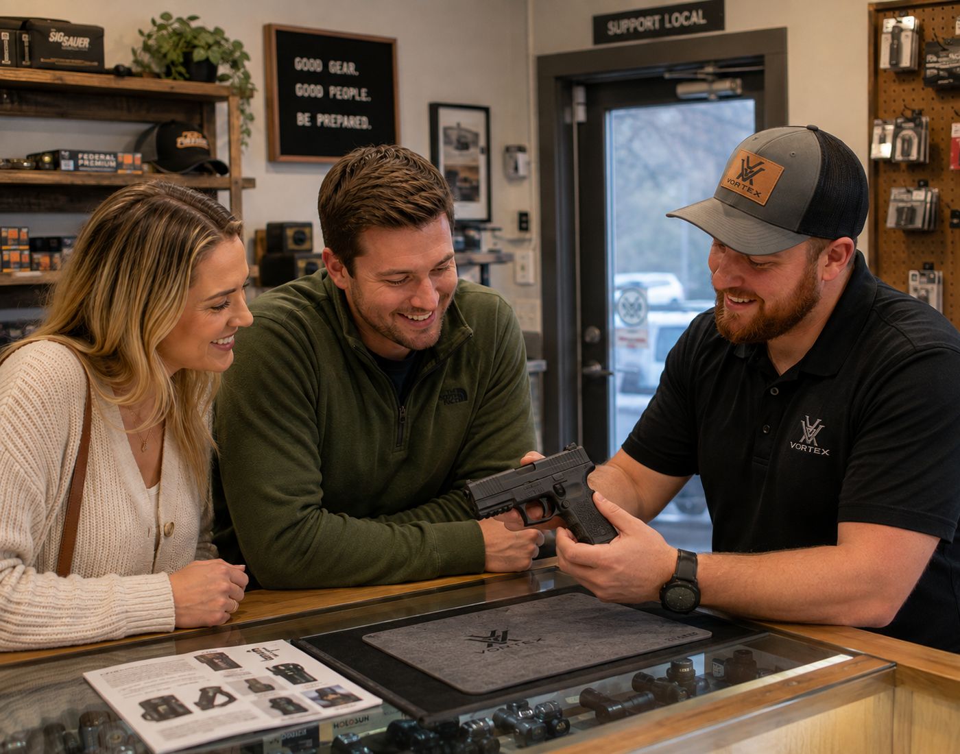A customer being shown a pistol across the shop counter