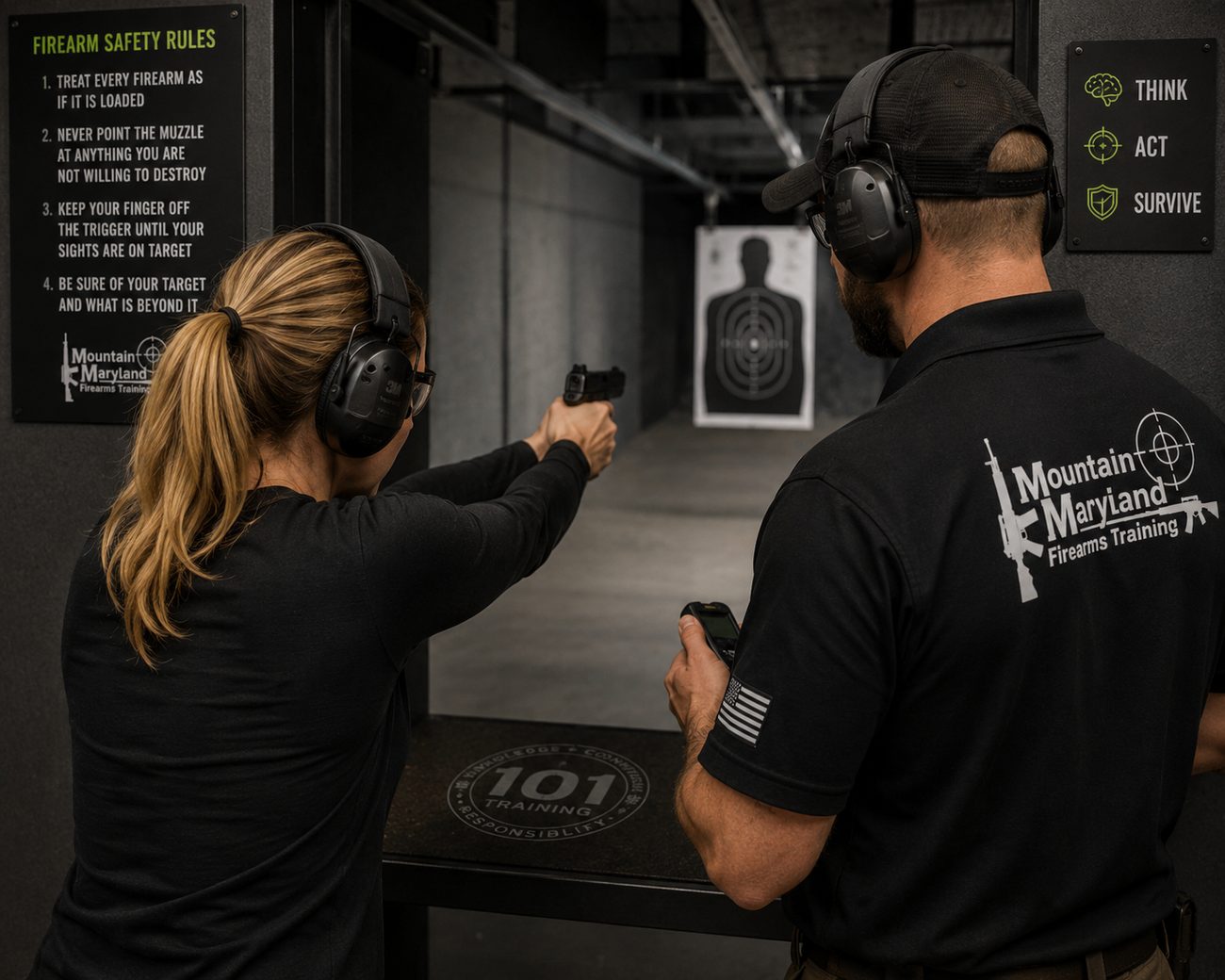 An instructor coaching a shooter through pistol fundamentals on the firing line