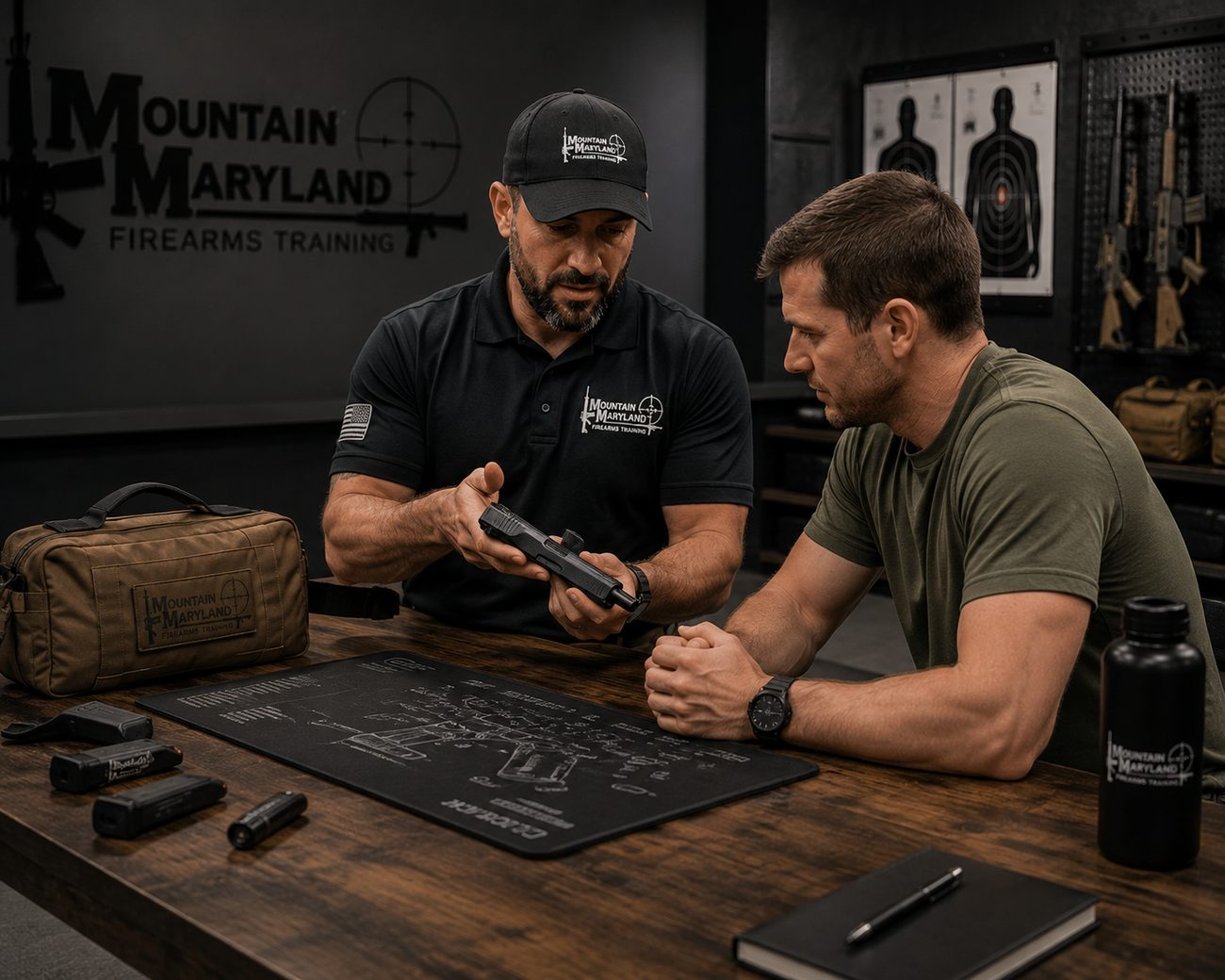 An instructor showing a student how a pistol works across the table