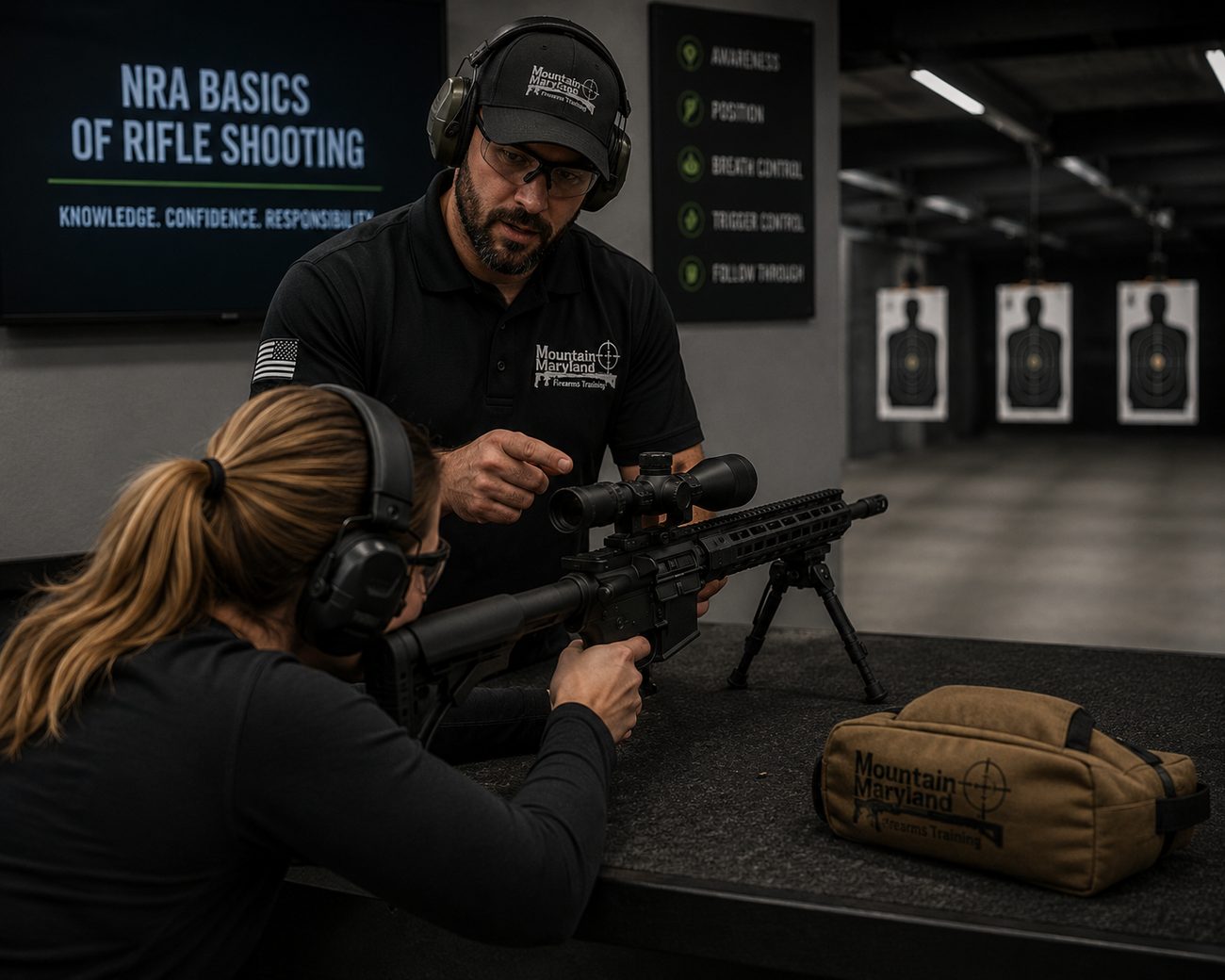 An instructor coaching a shooter through rifle fundamentals at the bench