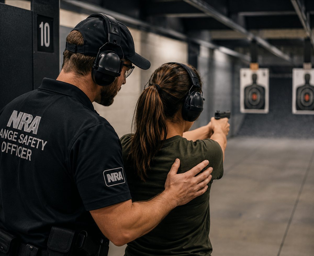 An NRA Range Safety Officer coaching a shooter on the firing line